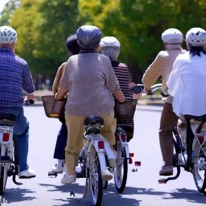 groupe de seniors à vélo électriques vus de dos