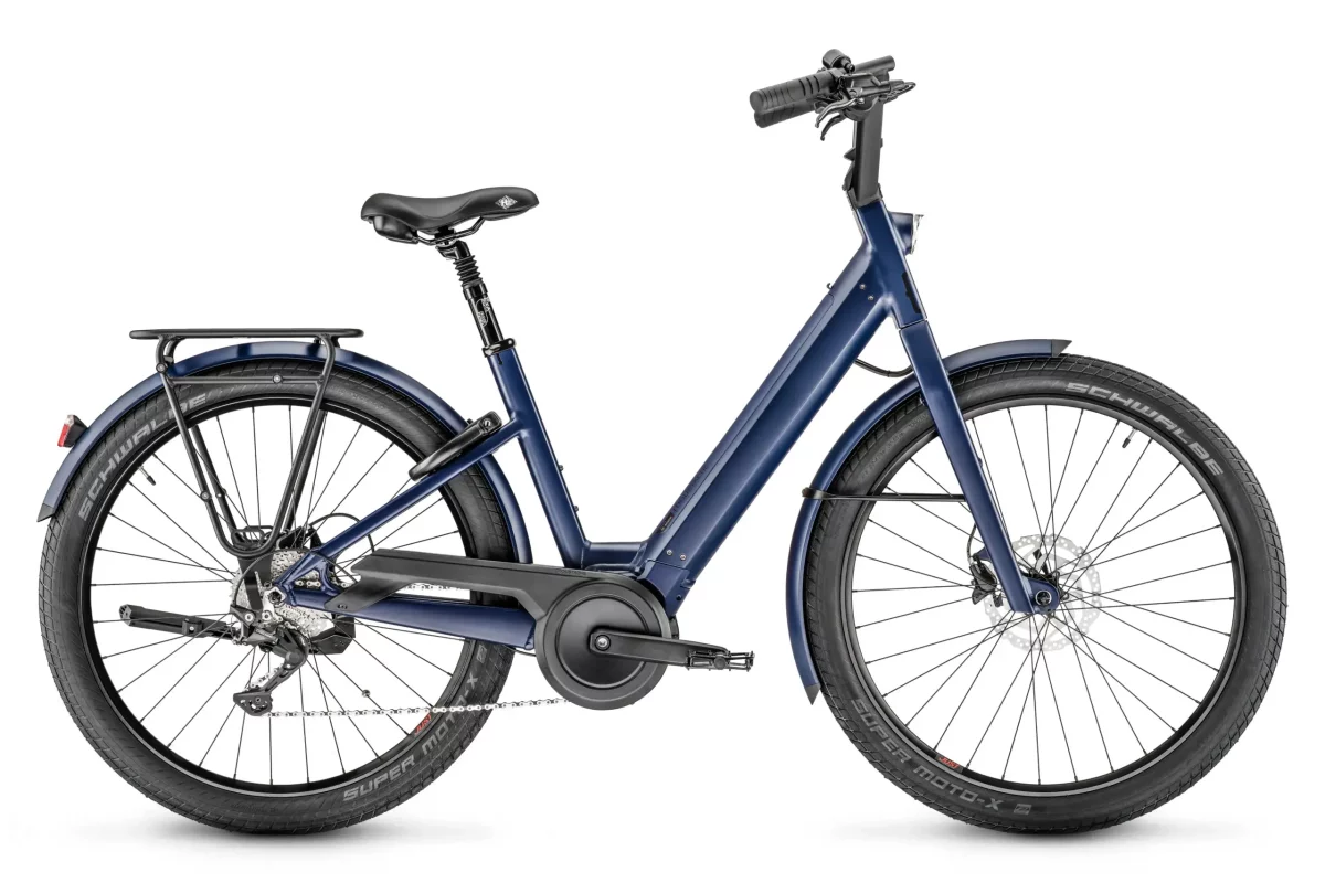 Vélo de ville électrique Moustache Lundi 27.3 bleu nuit mat, Smart System, vue de profil
