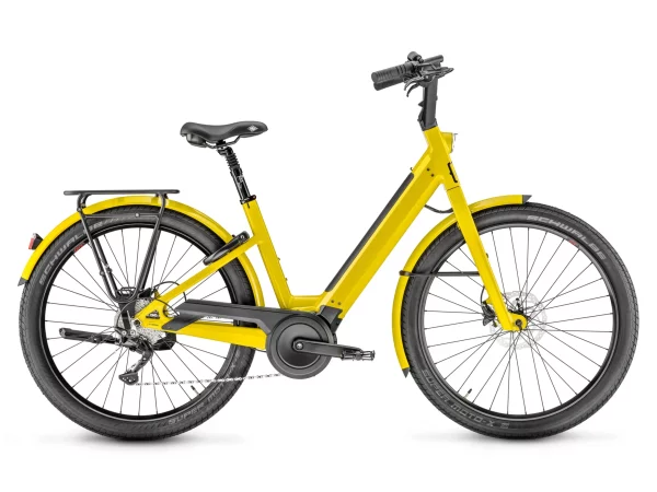 Vélo de ville électrique Moustache Lundi 27.3 curry brillant, Smart System, vue de profil