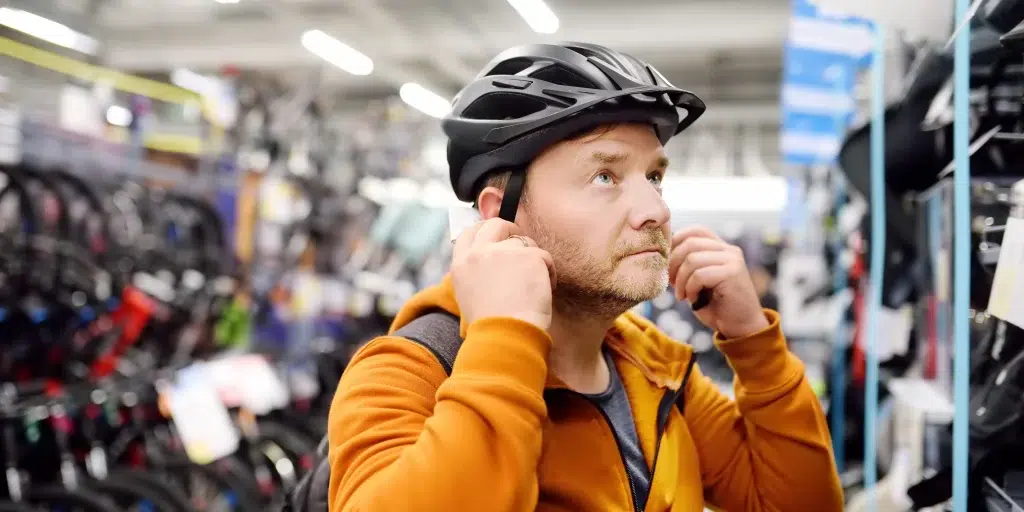 Un homme essayant un casque de protection dans un magasin de vélos 